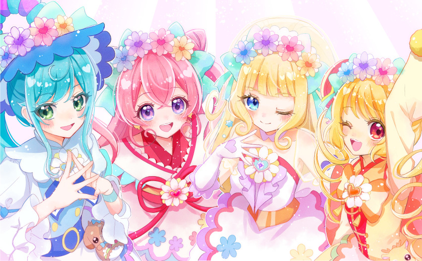 4girls, ;), ;d, arm_up, big_hair, blonde_hair, blue_bow, blue_dress