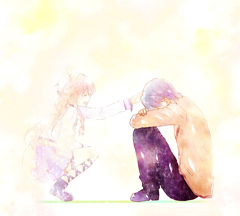 10s, 1boy, 1girl, angel_beats!, ankle_lace-up, closed_eyes, crossed_arms, fading, fading_away, hand_on_another's_head, hinata_hideki, hugging_own_legs, mina_m, mochizuki_mina, open_mouth, school_uniform, serafuku, sitting, smile, spoilers, squatting, yui_(angel_beats!)