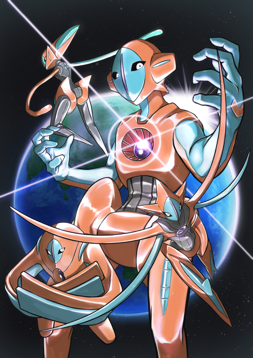 absurdres, alternate_form, deoxys, deoxys_(attack), deoxys_(defense), deoxys_(normal), deoxys_(speed), earth_(planet)