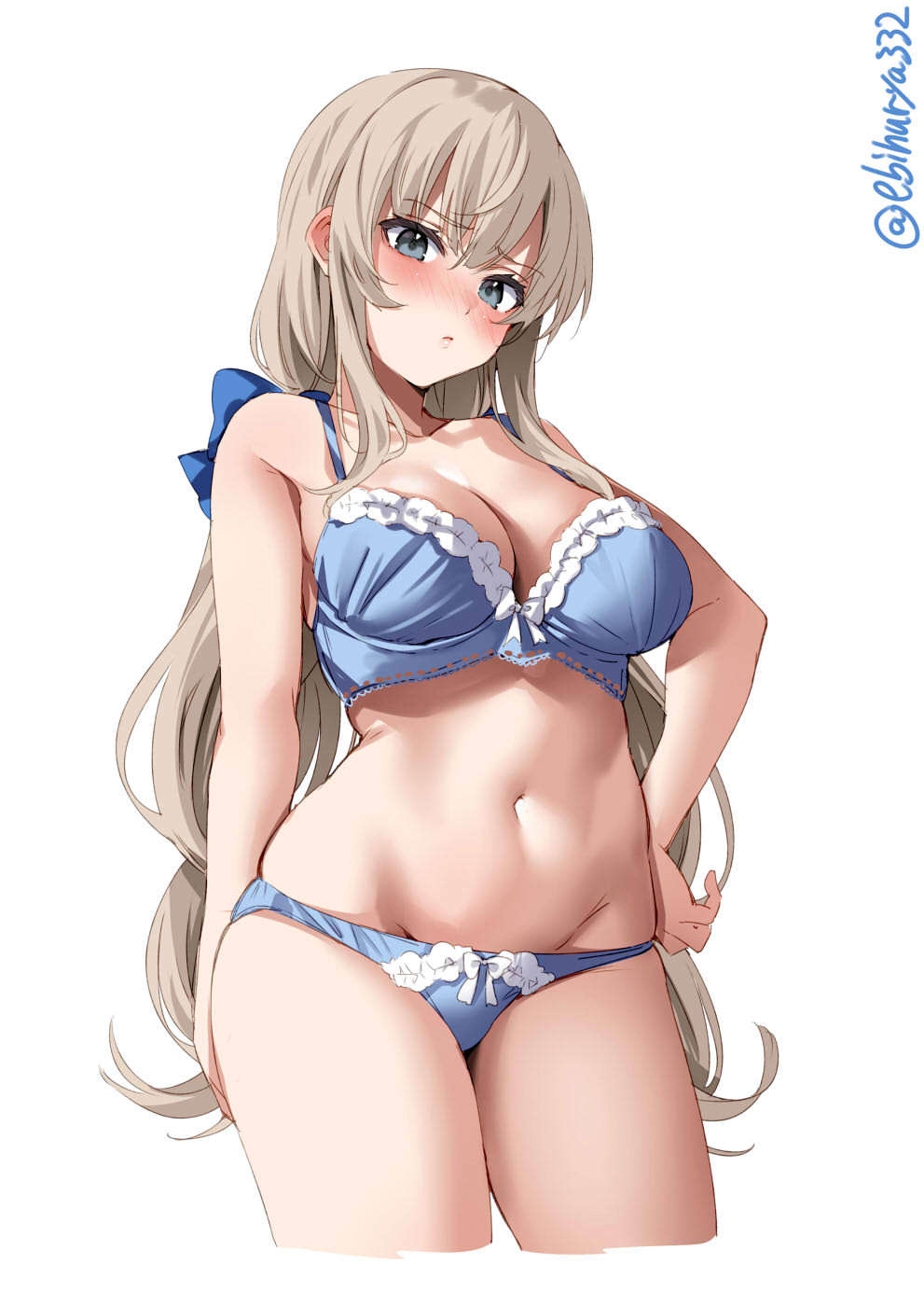1girl, blonde_hair, blue_bra, blue_eyes, blue_panties, blue_ribbon, blush, bra