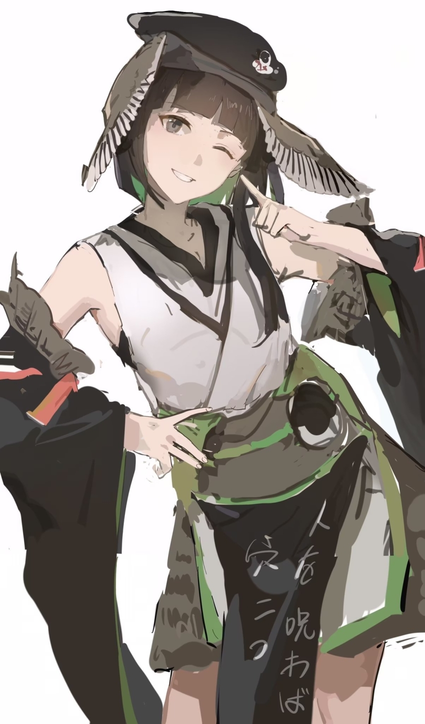 black_hair, black_headwear, corallo, detached_sleeves, feather_hair_ornament, feathers, green_hair, hair_ornament, highres, indie_virtual_youtuber, japanese_clothes, obi, one_eye_closed, open_mouth, sash, short_hair_with_long_locks, smile, tabinoki_kanae, tabinoki_kanae_(1st_costume), virtual_youtuber, youtube