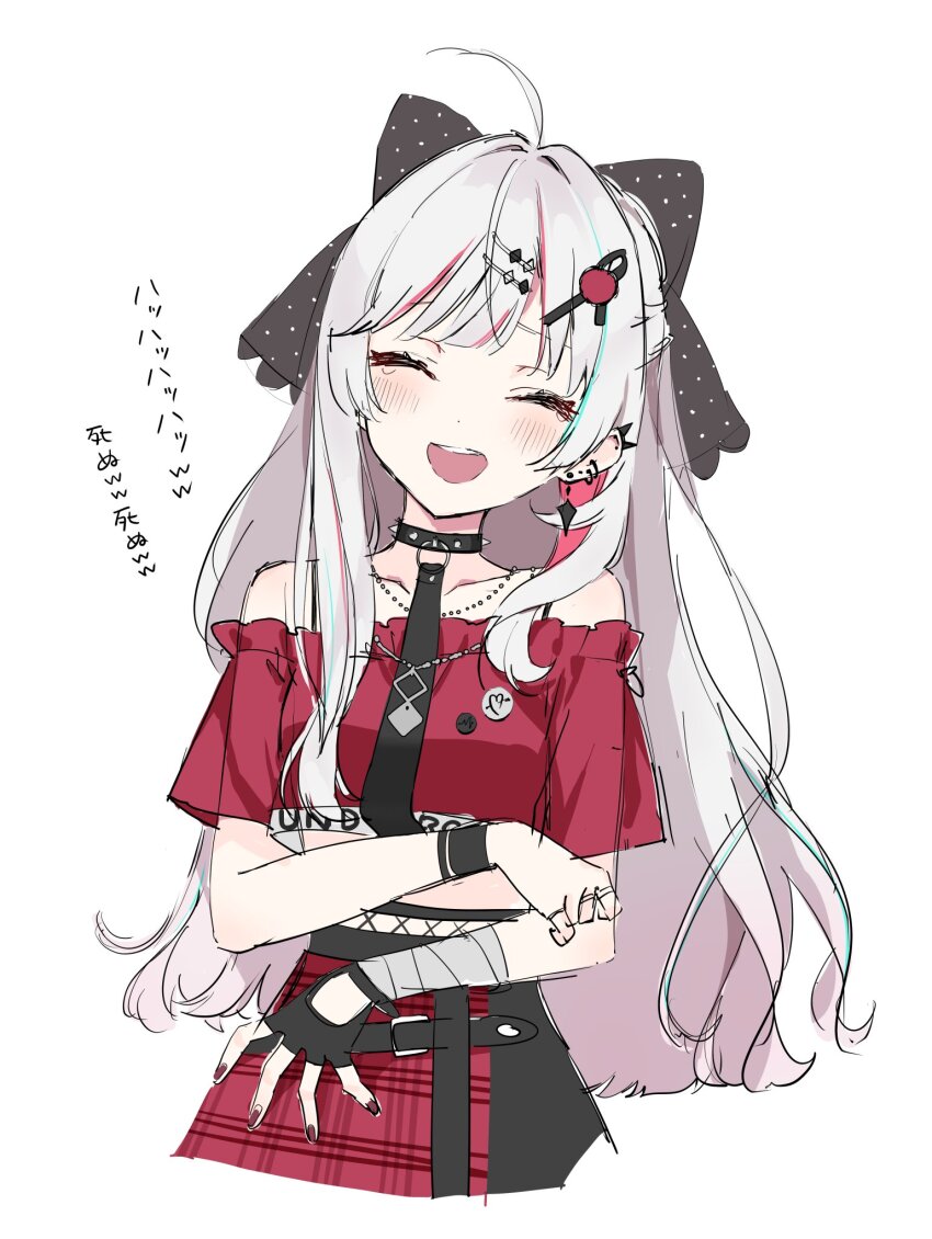 1girl, ahoge, bandaged_arm, bandages, bare_shoulders, blue_eyes, closed_eyes, collarbone