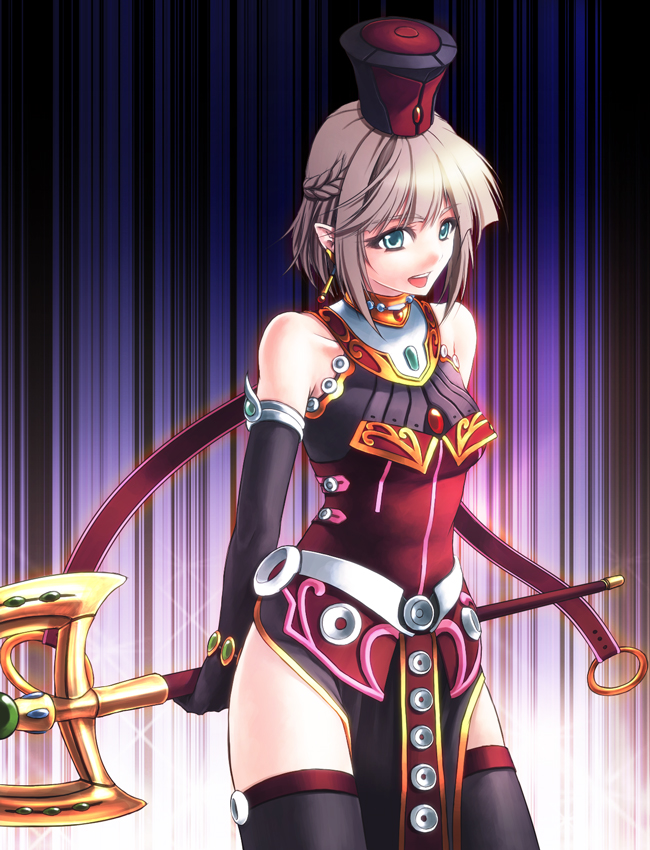 1girl, allure_queen_lv5, artist_request, bare_shoulders, black_gloves, black_thighhighs, bracelet, braid, brown_hair, choker, curtains, duel_monster, earrings, elbow_gloves, female_focus, gem, gloves, hat, holding, jewelry, looking_at_viewer, open_mouth, pointy_ears, shiny_skin, short_hair, sleeveless, smile, solo, staff, standing, thighhighs, turtleneck, yu-gi-oh!, yu-gi-oh!_duel_monsters