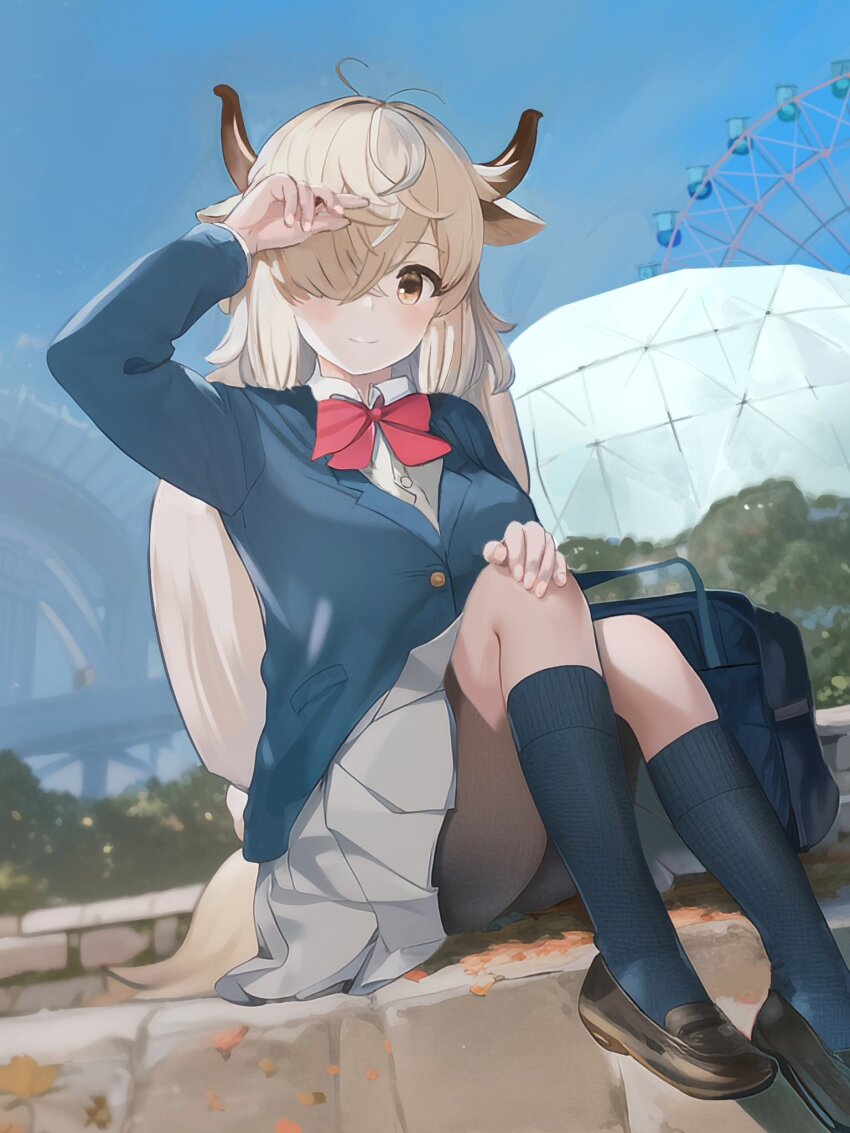 1girl, bag, blue_jacket, blue_socks, blush, bow, bowtie, brown_shoes, center_frills, collared_shirt, frills, grey_skirt, hair_over_one_eye, highres, ieinu_account, jacket, kemono_friends, kemono_friends_3, kemono_friends_pavilion, loafers, long_hair, long_sleeves, looking_at_viewer, official_alternate_costume, orange_eyes, cow_ears, cow_girl, cow_horns, cow_tail, pleated_skirt, red_bow, red_bowtie, school_bag, school_uniform, shirt, shoes, sitting, skirt, socks, solo, white_hair, white_shirt, yak_(kemono_friends)