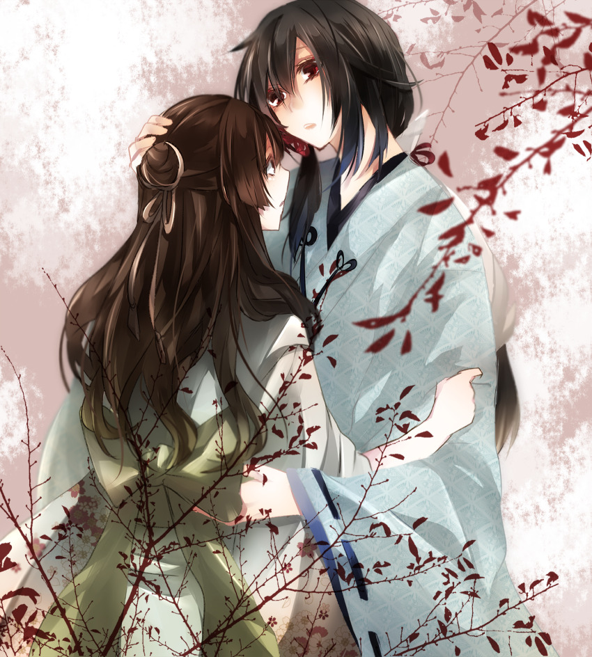 1boy, 1girl, androgynous, azkmggsr, black_hair, brown_hair, facing_another, hair_ribbon