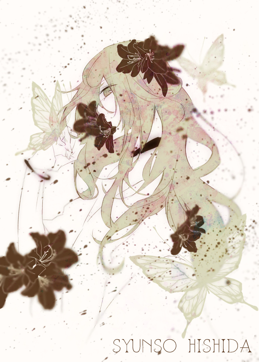 1boy, androgynous, azkmggsr, black_flower, character_name, facing_to_the_side, flower, flower_in_mouth, green_eyes, green_hair, grey_butterfly, hair_flower, hair_ornament, highres, hishida_shunsou, long_hair, looking_at_viewer, male_focus, meiji_tokyo_renka, solo