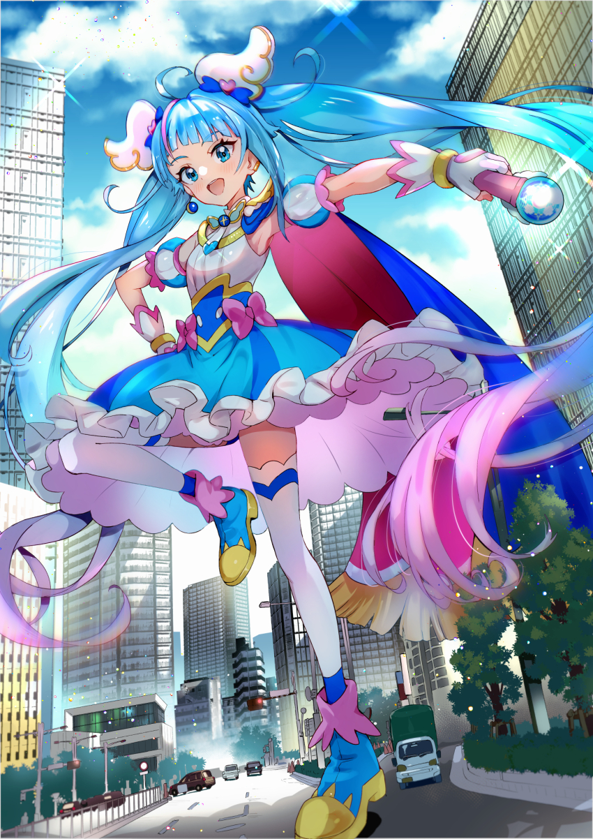 1girl, :d, asymmetrical_clothes, blue_boots, blue_dress, blue_eyes, blue_hair, blue_sky, boots, building, cape, car, city, cloud, commentary_request, commission, cure_sky, detached_sleeves, dress, earrings, eyelashes, fingerless_gloves, giant, giantess, gloves, hair_ornament, happy, highres, hirogaru_sky!_precure, jewelry, light_blue_hair, light_blush, long_hair, looking_at_viewer, magical_girl, motor_vehicle, open_mouth, precure, puffy_short_sleeves, puffy_sleeves, pukara, road, short_sleeves, skeb_commission, sky, sky_mirage, smile, solo, sora_harewataru, thighhighs, thighs, traffic_light, twintails, very_long_hair, white_gloves, white_thighhighs