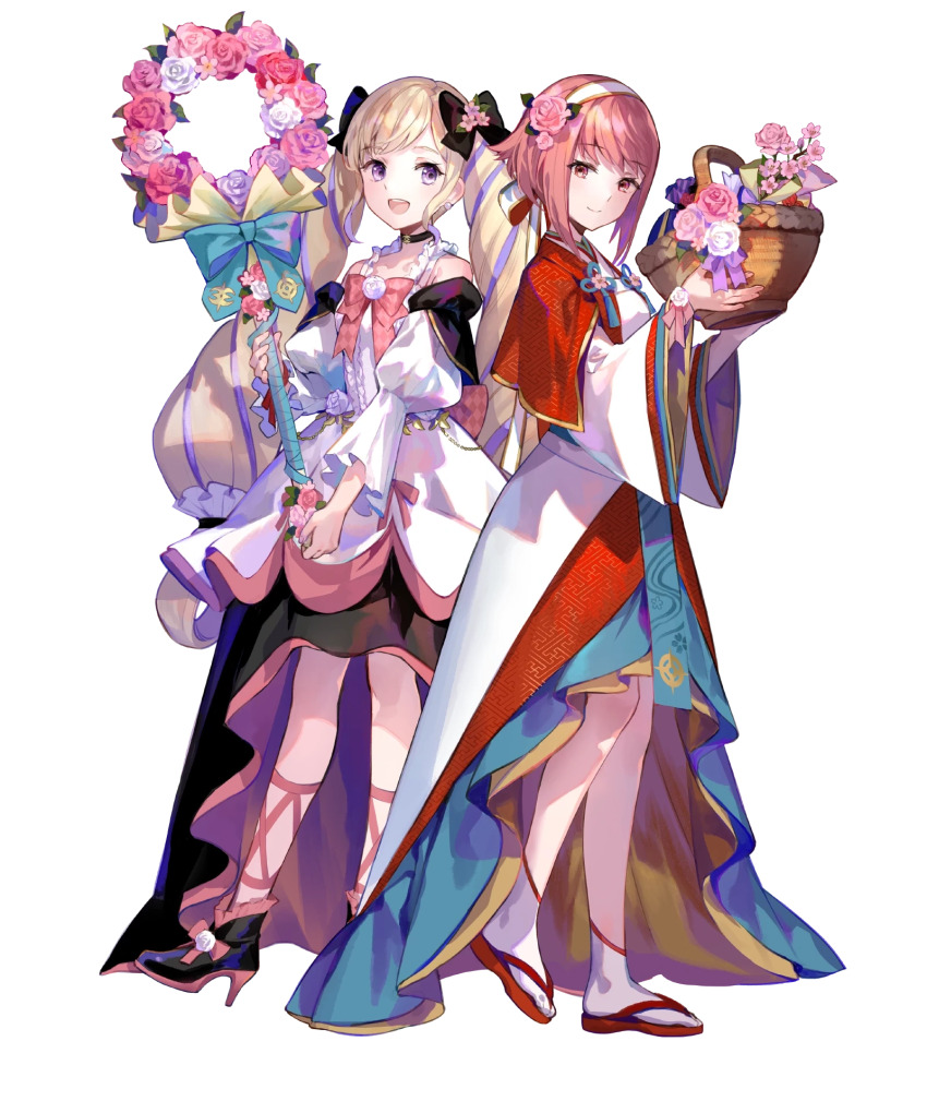 2girls, ankle_boots, basket, blonde_hair, boots, bow, capelet, choker