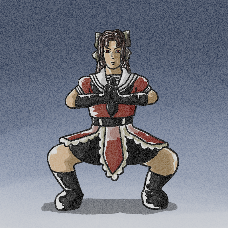 1girl, balancing_sasuke, brown_eyes, brown_hair, elbow_gloves, ferret-san, full_body, gloves