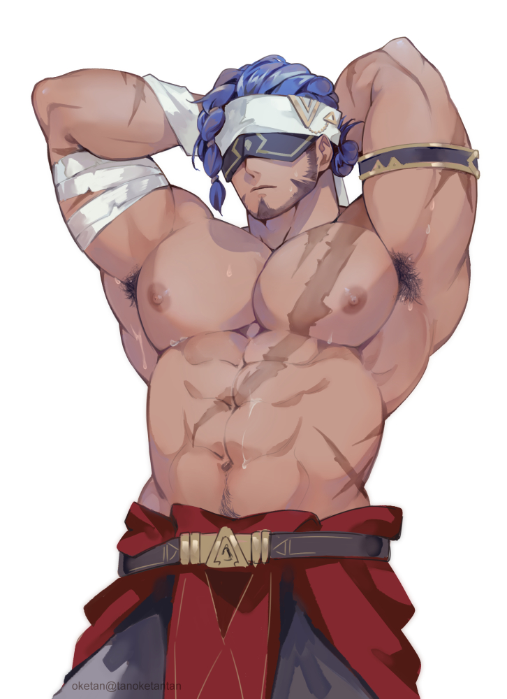 abs, armband, armpit_hair, armpits, arms_behind_head, bandaged_arm, bandages, belt, blindfold, colored_blindfold, dark-skinned_male, dark_skin, facial_hair, genshin_impact, headband, jebrael_(genshin_impact), ketanbakar, large_pectorals, male_focus, muscular, muscular_male, nipples, pectorals, purple_facial_hair, purple_hair, quad_braids, scar, scar_on_arm, scar_on_chest, scar_on_stomach, sweat, topless_male, tying_headband, white_headband