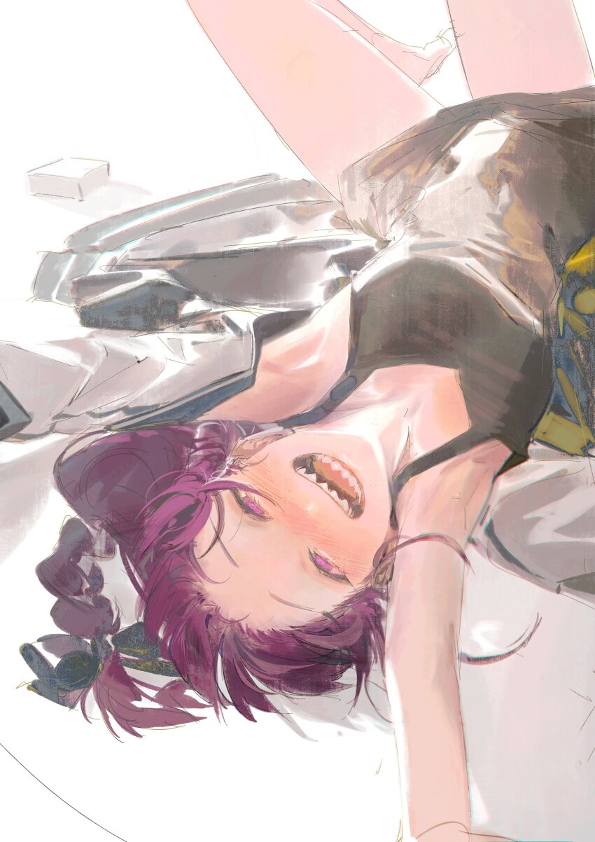 1girl, absurdres, black_bow, black_dress, bocchi_the_rock!, bow, braid, braided_ponytail, dress, hair_bow, highres, hiroi_kikuri, kurikabacha, long_sleeves, looking_at_viewer, open_mouth, pink_eyes, purple_hair, sharp_teeth, sketch, sleeveless, sleeveless_dress, smile, solo, teeth, thighs