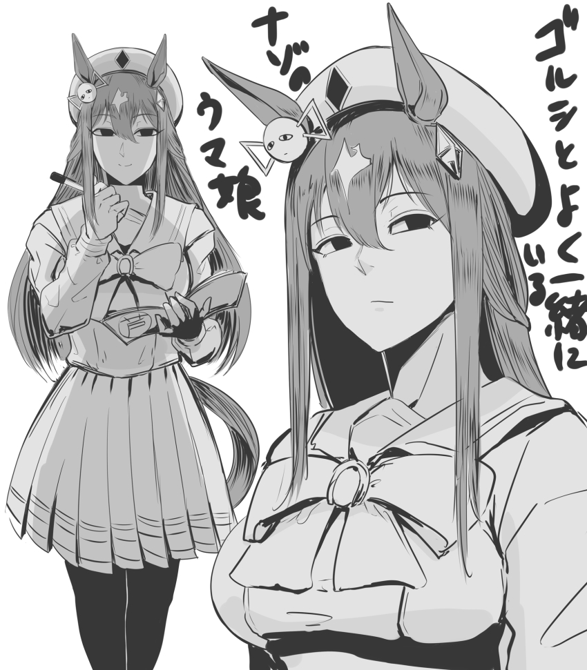 1girl, anegawa_eiji, animal_ears, borrowed_character, bow, bowtie, commentary, empty_eyes, genderswap, genderswap_(mtf), gintama, greyscale, hair_between_eyes, hat, highres, holding, holding_notebook, holding_pen, horse_ears, horse_girl, just_a_way_(racehorse), justaway, long_hair, monochrome, multicolored_hair, multiple_views, notebook, original, pen, personification, pleated_skirt, school_uniform, serafuku, simple_background, skirt, streaked_hair, tracen_school_uniform, translated, two-tone_hair, umamusume, white_background