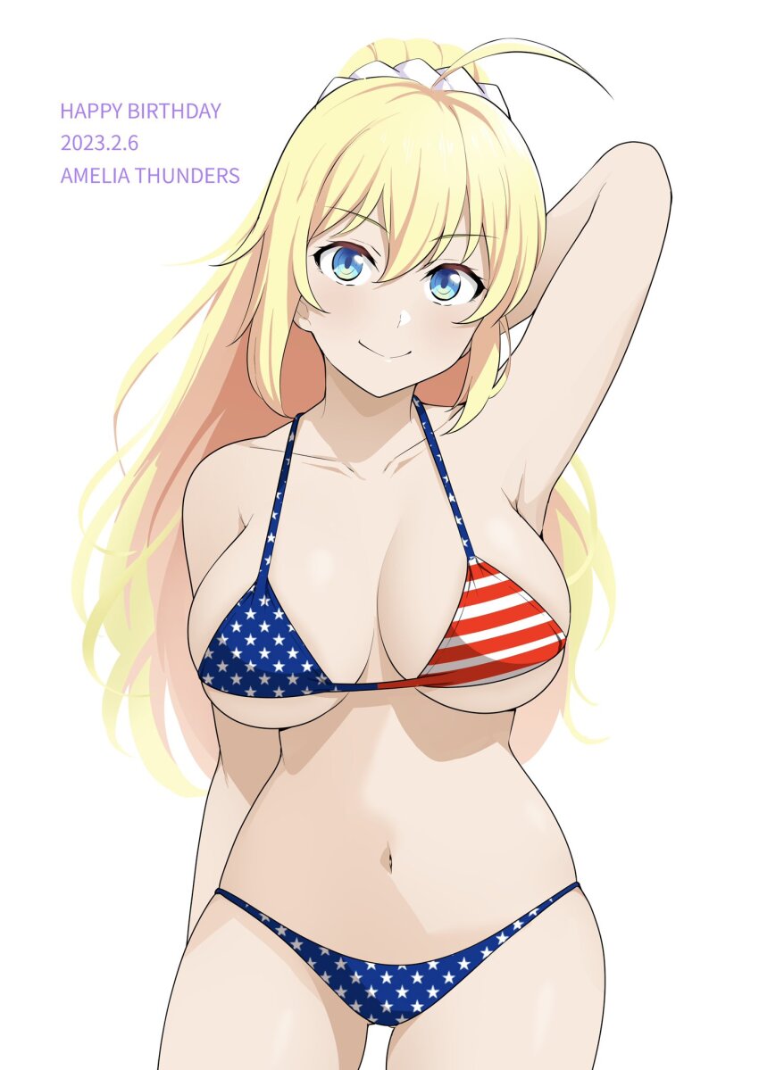 1girl, ahoge, amelia_thunders, american_flag, american_flag_bikini, american_flag_print, arm_behind_head, arm_up, armpits, bare_shoulders, barkhorn0331, bikini, breasts, character_name, cinderella_series, closed_mouth, collarbone, commentary, cowboy_shot, dated, english_text, flag_print, flag_print_bikini, hachigatsu_no_cinderella_nine, hair_between_eyes, hair_ornament, hair_scrunchie, happy_birthday, high_ponytail, highres, large_breasts, long_hair, looking_at_viewer, navel, ponytail, print_bikini, scrunchie, simple_background, skindentation, smile, solo, swimsuit, thighs, underboob, very_long_hair, white_background, white_scrunchie