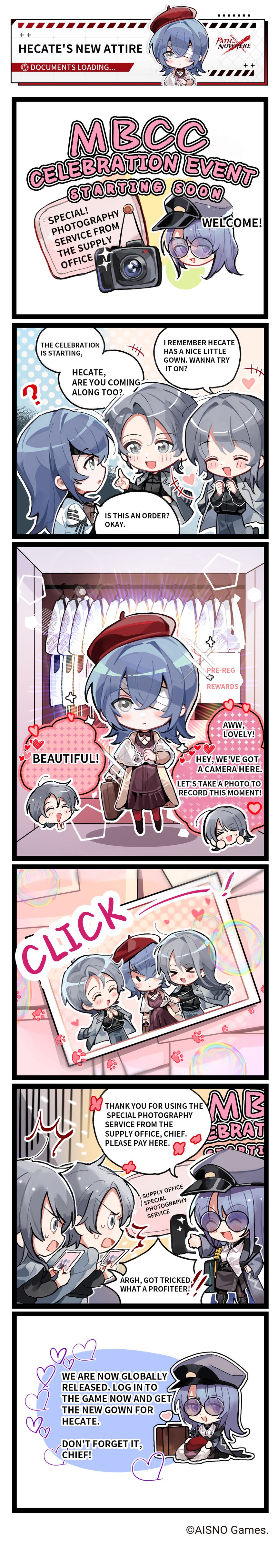 1boy, 2girls, absurdres, blue_hair, chibi, chief_(path_to_nowhere), comic, english_text