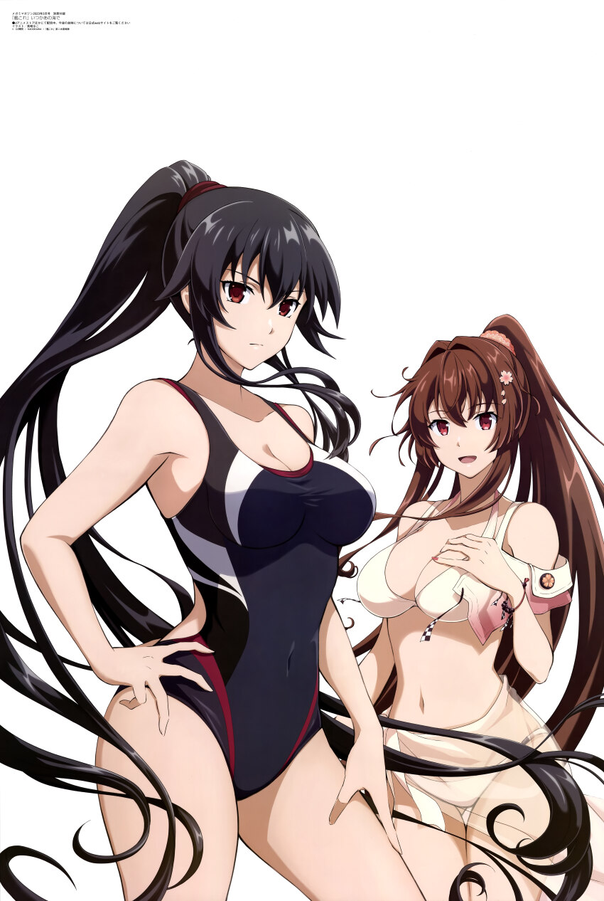 2girls, absurdres, bikini, black_hair, breasts, brown_hair, cleavage, competition_swimsuit, hand_on_own_hip, highres, kantai_collection, large_breasts, long_hair, looking_at_viewer, magazine_scan, masaki_nako, megami_magazine, multiple_girls, navel, official_art, one-piece_swimsuit, ponytail, scan, simple_background, swimsuit, thighs, very_long_hair, white_background, yahagi_(kancolle), yahagi_(swimsuit)_(kancolle), yamato_(kancolle), yamato_kai_ni_(kancolle), yamato_kai_ni_(swimsuit)_(kancolle)