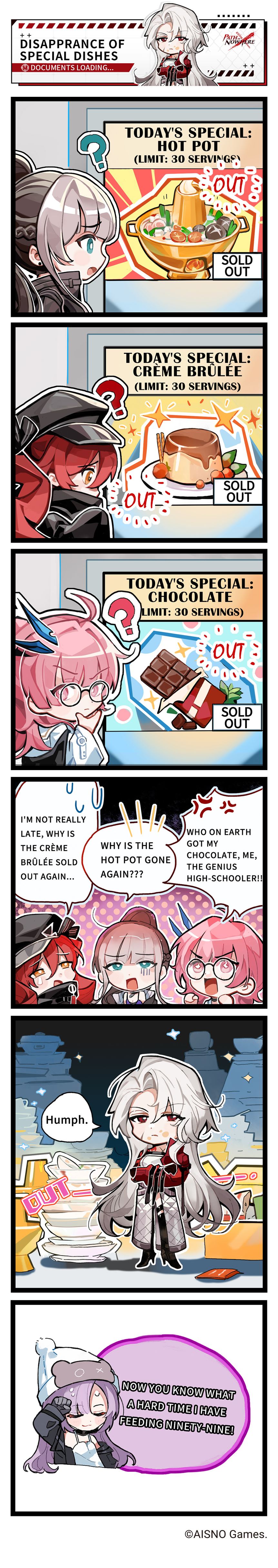 5girls, absurdres, bai_yi_(path_to_nowhere), chibi, comic, english_text, food, hela_(path_to_nowhere), highres, ignis_(path_no_where), long_image, multiple_girls, ninety-nine_(path_to_nowhere), path_to_nowhere, pink_hair, red_hair, summer_(path_to_nowhere), tall_image, white_hair