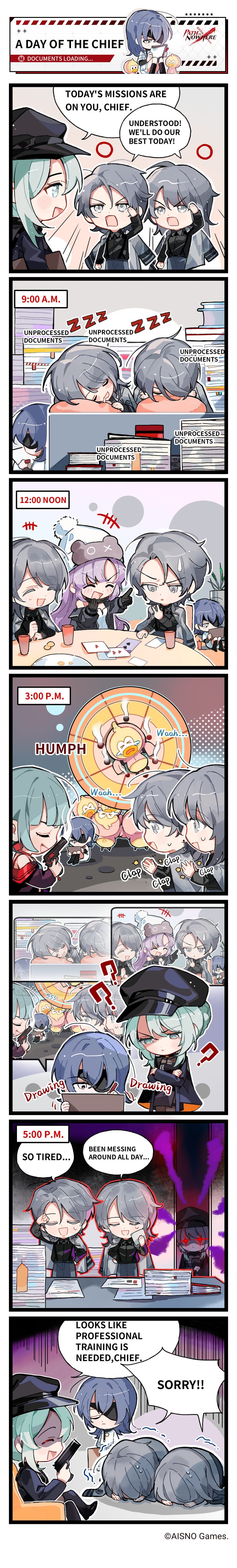 1boy, 3girls, absurdres, blue_hair, chibi, chief_(path_to_nowhere), comic, english_text, female_chief_(path_to_nowhere), hecate_(path_to_nowhere), highres, long_image, male_chief_(path_to_nowhere), multiple_girls, nightingale_(path_to_nowhere), one_eye_covered, path_to_nowhere, tall_image