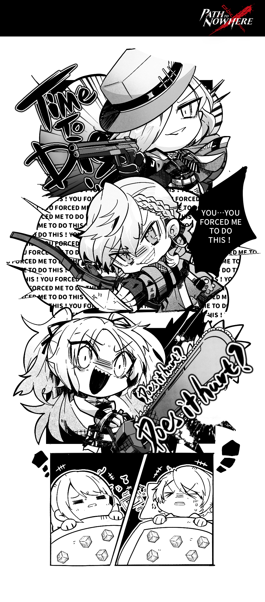 1boy, 4girls, blanket, bow, chainsaw, chief_(path_to_nowhere), comic, emp_(path_to_nowhere)