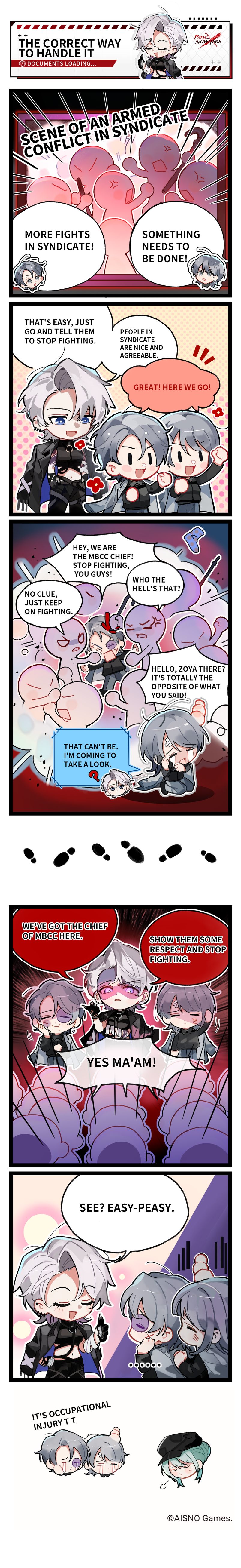 1boy, 3girls, absurdres, chibi, chief_(path_to_nowhere), comic, english_text, female_chief_(path_to_nowhere)