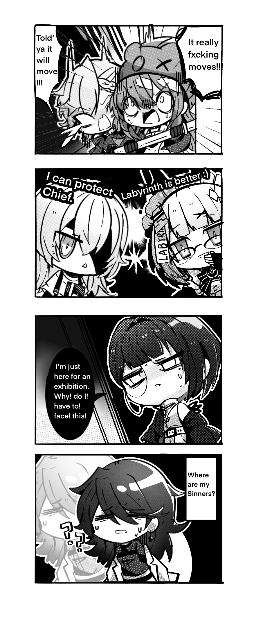 6+girls, chibi, chief_(path_to_nowhere), comic, emp_(path_to_nowhere), english_text, female_chief_(path_to_nowhere), greyscale