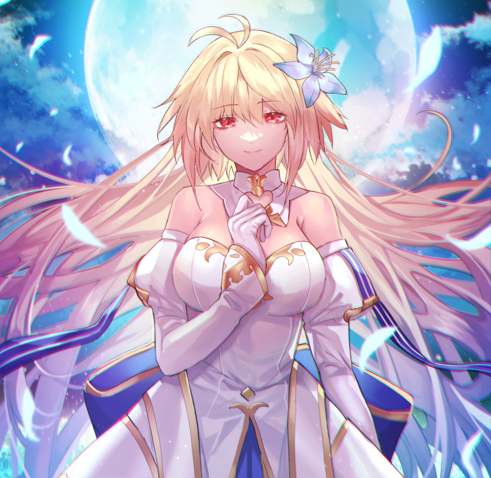 1girl, archetype_earth, arcueid_brunestud, bare_shoulders, blonde_hair, blue_gloves, blue_skirt, blush, breasts, cleavage, detached_collar, detached_sleeves, dress, fate/grand_order, fate_(series), flower, full_moon, gloves, hair_flower, hair_ornament, large_breasts, long_hair, looking_at_viewer, moon, multicolored_skirt, night, red_eyes, sagta_panggang, skirt, sky, smile, solo, tsukihime, very_long_hair, white_dress
