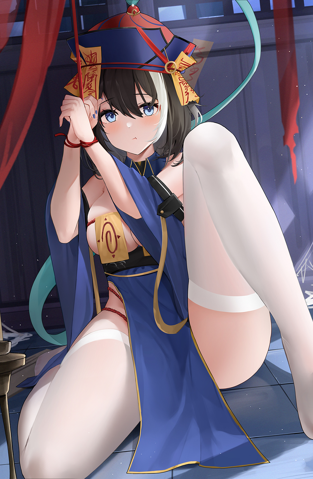 1girl, :t, ass, azur_lane, black_hair, blue_dress, blue_eyes, bound