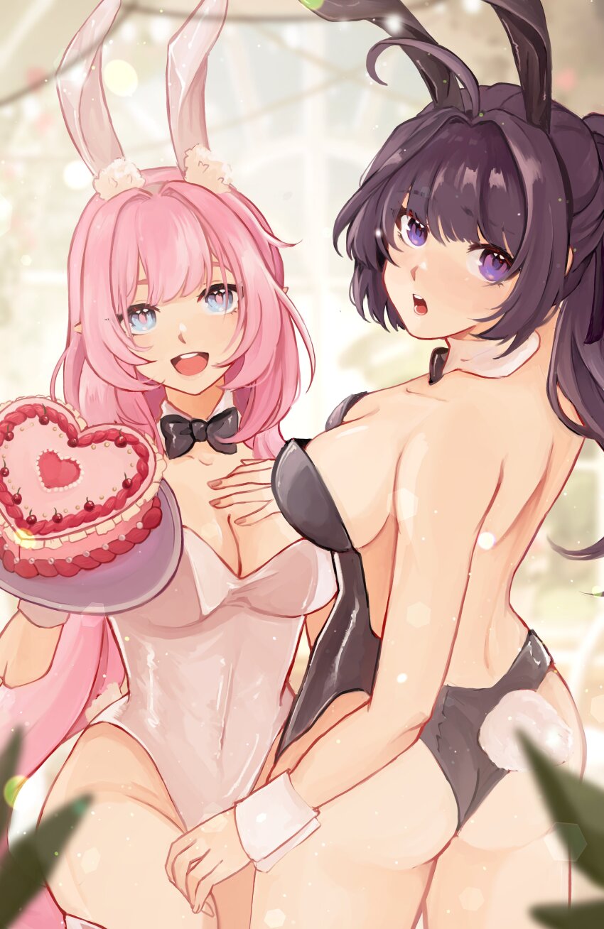 2girls, absurdres, alternate_costume, animal_ears, bare_back, bare_legs, bare_shoulders, black_leotard, blue_eyes, blurry, blurry_background, blush, bow, bowtie, breasts, cake, cleavage, collarbone, cowboy_shot, detached_collar, elysia_(honkai_impact), fake_animal_ears, fake_tail, food, from_behind, highleg, highleg_leotard, highres, holding, holding_tray, honkai_(series), honkai_impact_3rd, large_breasts, leotard, long_hair, looking_at_viewer, looking_back, mofumanju, multiple_girls, open_mouth, pink_hair, playboy_bunny, pointy_ears, purple_eyes, purple_hair, rabbit_ears, rabbit_tail, raiden_mei, smile, standing, strapless, strapless_leotard, tail, teeth, tray, upper_teeth_only, white_leotard, wrist_cuffs
