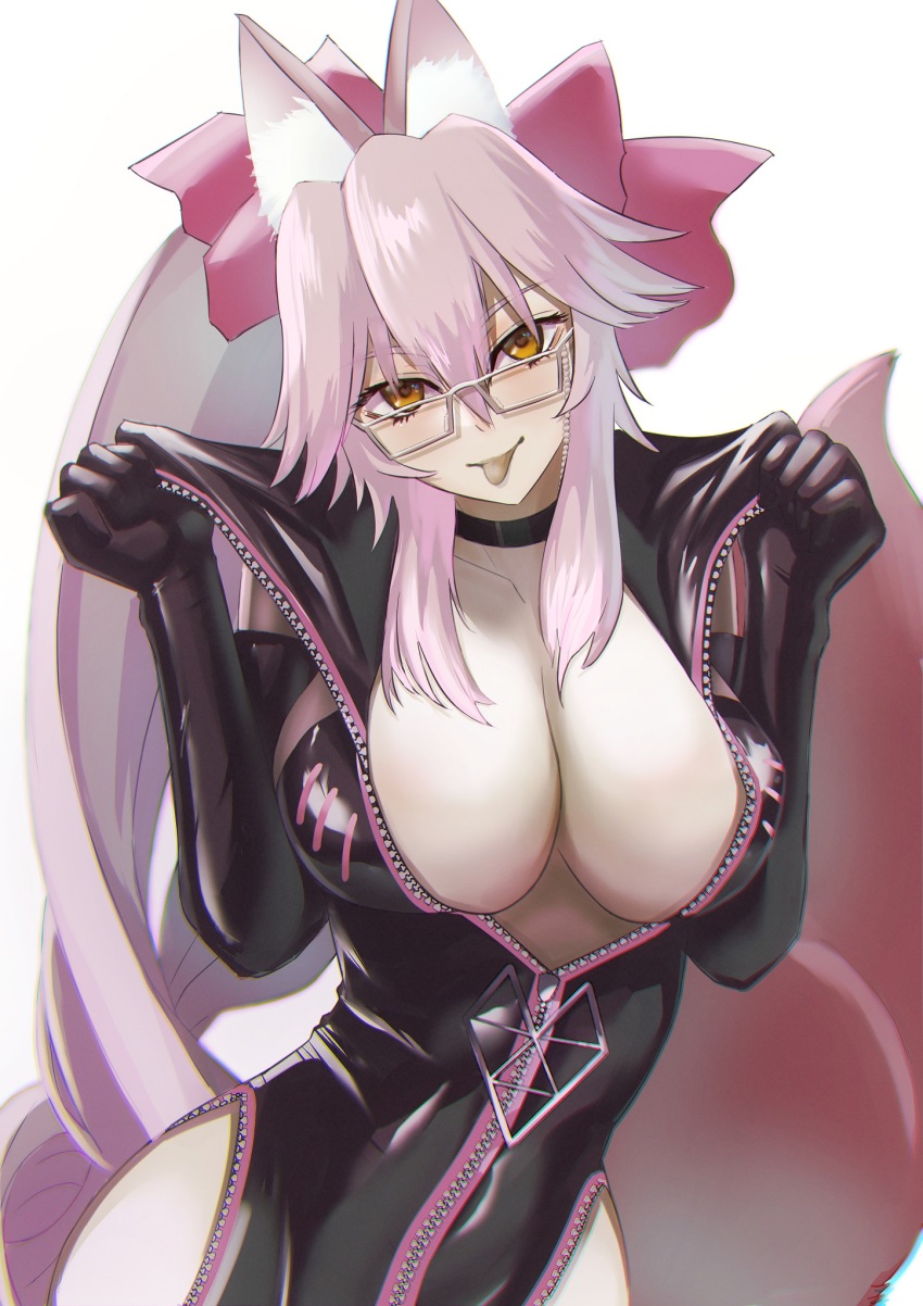 1girl, animal_ear_fluff, animal_ears, black_bodysuit, blush, bodysuit, bow, breasts, center_opening, choker, cleavage, clothing_cutout, fate/grand_order, fate_(series), fox_ears, fox_girl, fox_tail, glasses, hair_between_eyes, hair_bow, highres, hip_vent, koyanskaya_(assassin)_(first_ascension)_(fate), koyanskaya_(fate), kugiseiichi, large_breasts, long_hair, looking_at_viewer, pink_bow, pink_hair, ponytail, sidelocks, smile, solo, tail, tongue, tongue_out, white_background, yellow_eyes