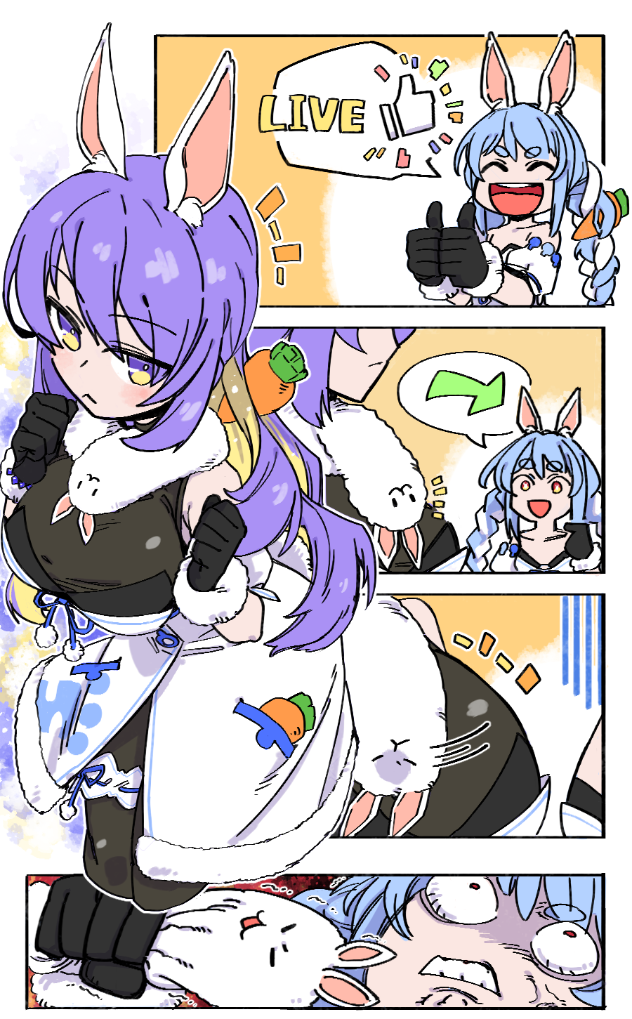 2girls, ^_^, ^o^, animal_ears, blue_hair, carrot, carrot_hair_ornament, chales28ho, closed_eyes, comic, cosplay, food-themed_hair_ornament, fur-trimmed_gloves, fur_trim, gloves, hair_ornament, highres, hololive, hololive_indonesia, moona_hoshinova, multicolored_hair, multiple_girls, purple_hair, rabbit_ears, thumbs_up, two-tone_hair, usada_pekora, usada_pekora_(1st_costume), usada_pekora_(cosplay), virtual_youtuber
