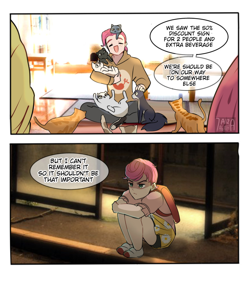 1girl, 3boys, 7aizagatha, aged_down, animal, animal_on_head, animal_on_shoulder, backpack