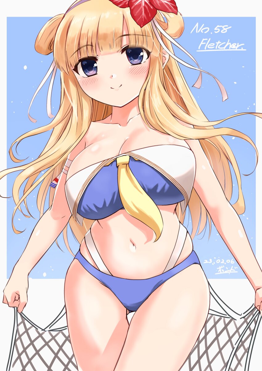 1girl, absurdres, bikini, black_hairband, blonde_hair, blue_bikini, blue_eyes, blush