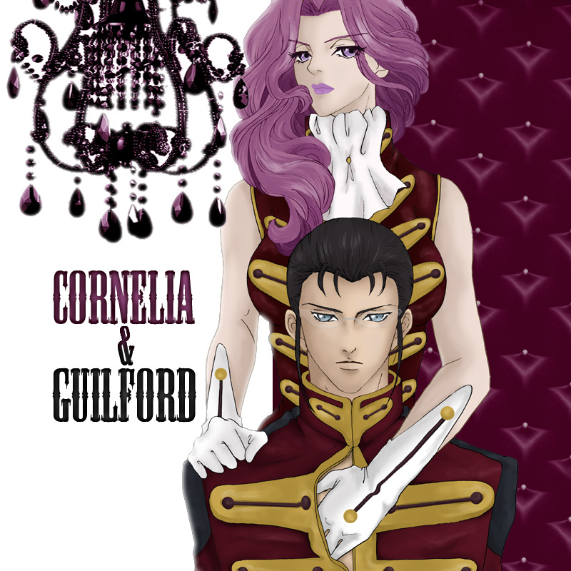 1boy, 1girl, black_hair, blue_eyes, code_geass, cornelia_li_britannia, couple, gilbert_g.p._guilford