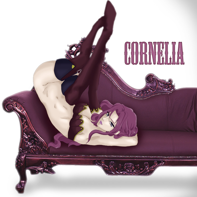 1girl, armpits, arms_up, bra, breasts, cleavage, code_geass, cornelia_li_britannia, couch, female_focus, full_body, lingerie, long_hair, lying, midriff, no_pants, odagiri_mayu, purple_eyes, purple_hair, purple_lips, solo, thighhighs, underwear, white_background