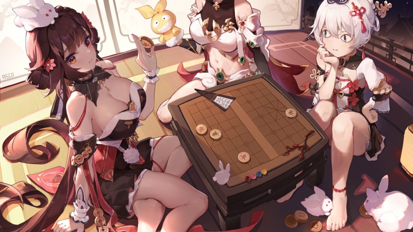 <|>_<|>, 3girls, animal, animal_on_head, armor, asc11, bare_shoulders, barefoot, black_dress, black_shirt, board_game, boobplate, breastplate, breasts, brown_hair, cleavage, crop_top, detached_collar, detached_sleeves, double_bun, dress, gold_trim, hair_bun, hand_up, highres, holding, homu_(honkai_impact), honkai_(series), honkai_impact_3rd, kiana_kaslana, kiana_kaslana_(flowering_luminance), kiana_kaslana_(herrscher_of_flamescion), large_breasts, li_sushang, li_sushang_(auspicious_dazzle), long_hair, looking_at_viewer, midriff, multiple_girls, navel, official_alternate_costume, on_head, orange_eyes, pout, shirt, short_dress, sitting, sleeveless, sleeveless_shirt, snow_rabbit, stomach, strapless, strapless_dress, theresa_apocalypse, thighs, very_long_hair, white_hair, xiangqi, yokozuwari, zhuge_kongming_(herald_of_spring)_(honkai_impact), zhuge_kongming_(honkai_impact)