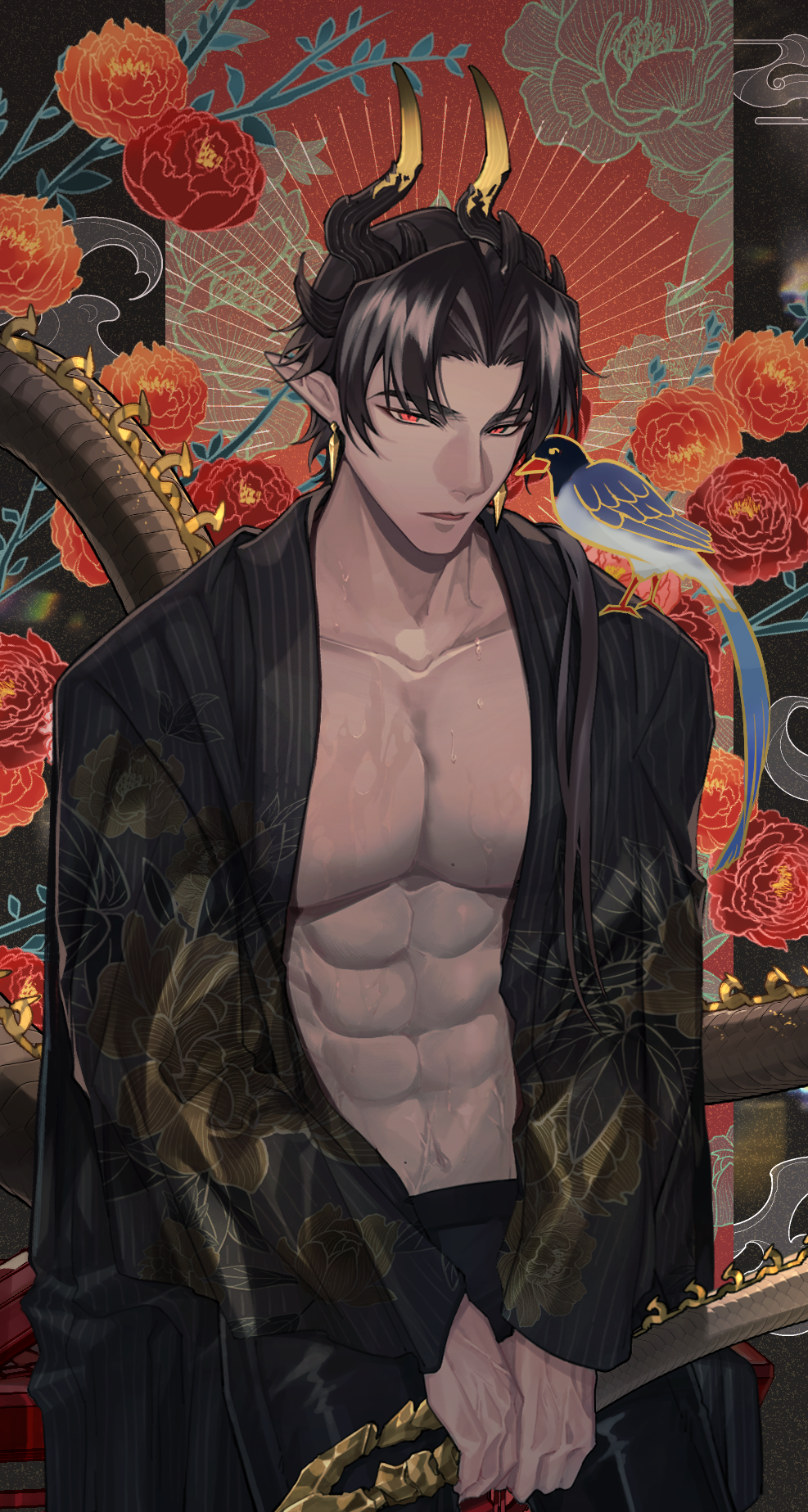 1boy, arknights, bird, black_hair, chongyue_(arknights), dragon_boy, dragon_horns, floral_background