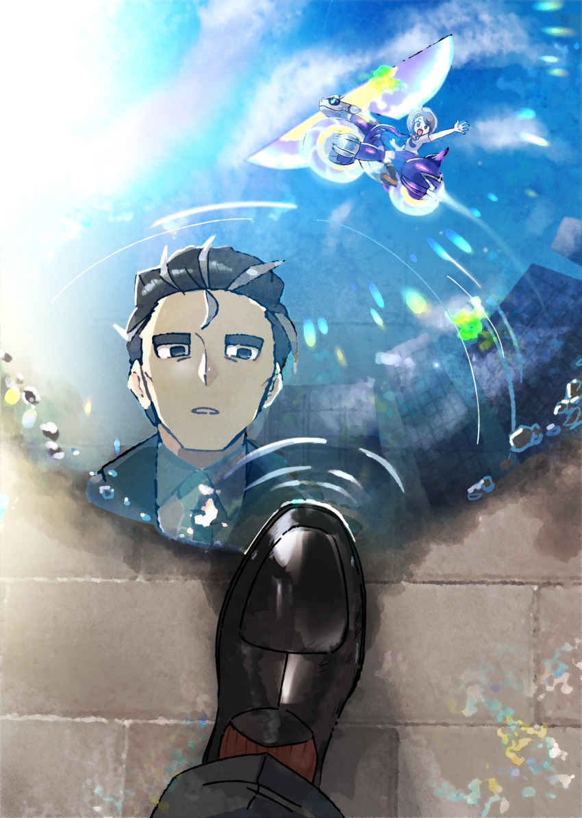 1boy, 1girl, araragi_natsuki, black_footwear, black_hair, black_pants, brick_floor, brown_socks