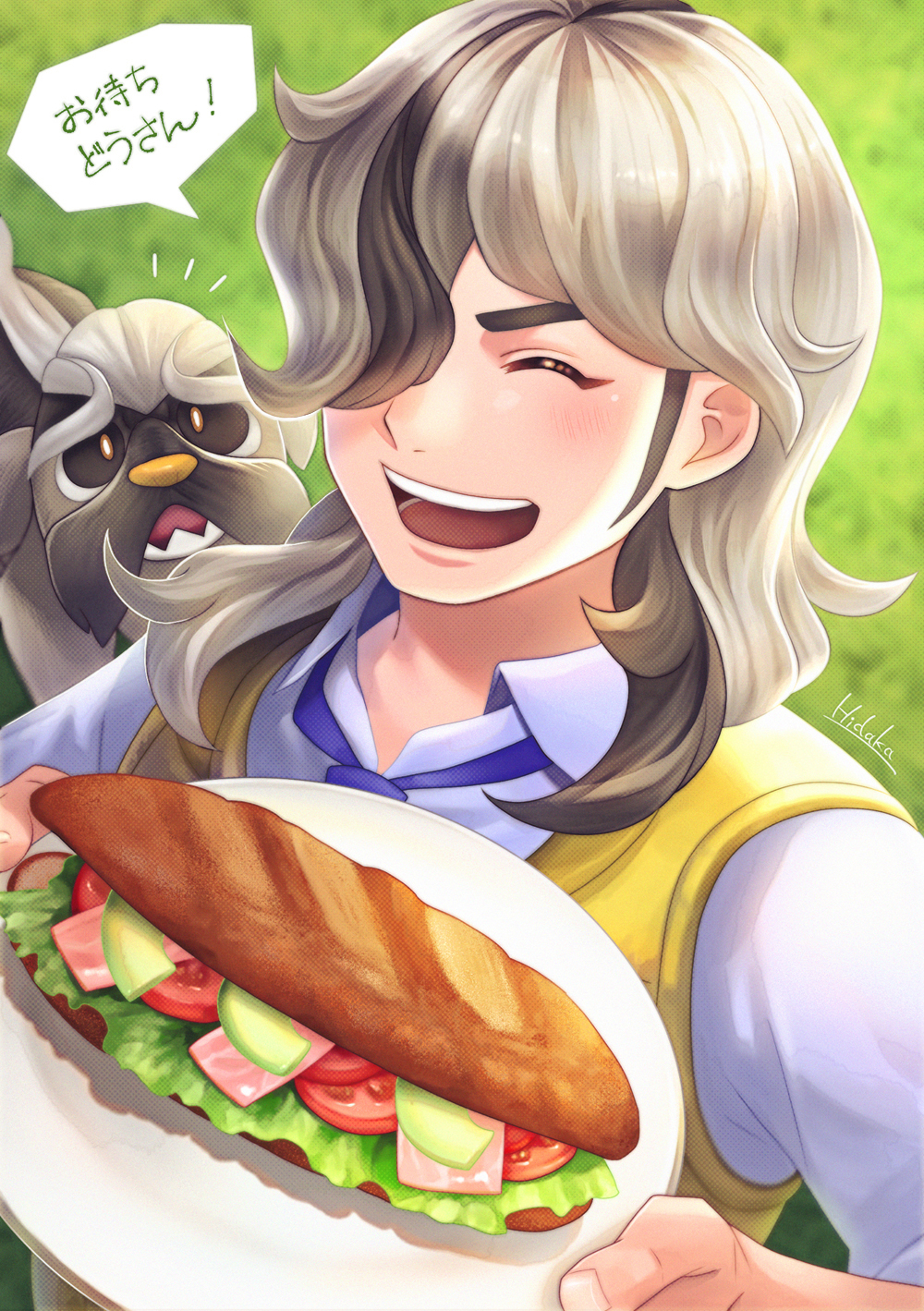 1boy, :d, arven_(pokemon), bread, brown_hair, closed_eyes, collared_shirt, commentary_request, day, food, grass, hands_up, happy, hidaka_(azurite), highres, holding, holding_plate, lettuce, long_hair, mabosstiff, male_focus, necktie, nintendo, notice_lines, open_mouth, outdoors, plate, pokemon, pokemon_scarlet_and_violet, sandwich, shirt, smile, speech_bubble, teeth, tomato, tomato_slice, tongue, translation_request, vest, yellow_vest