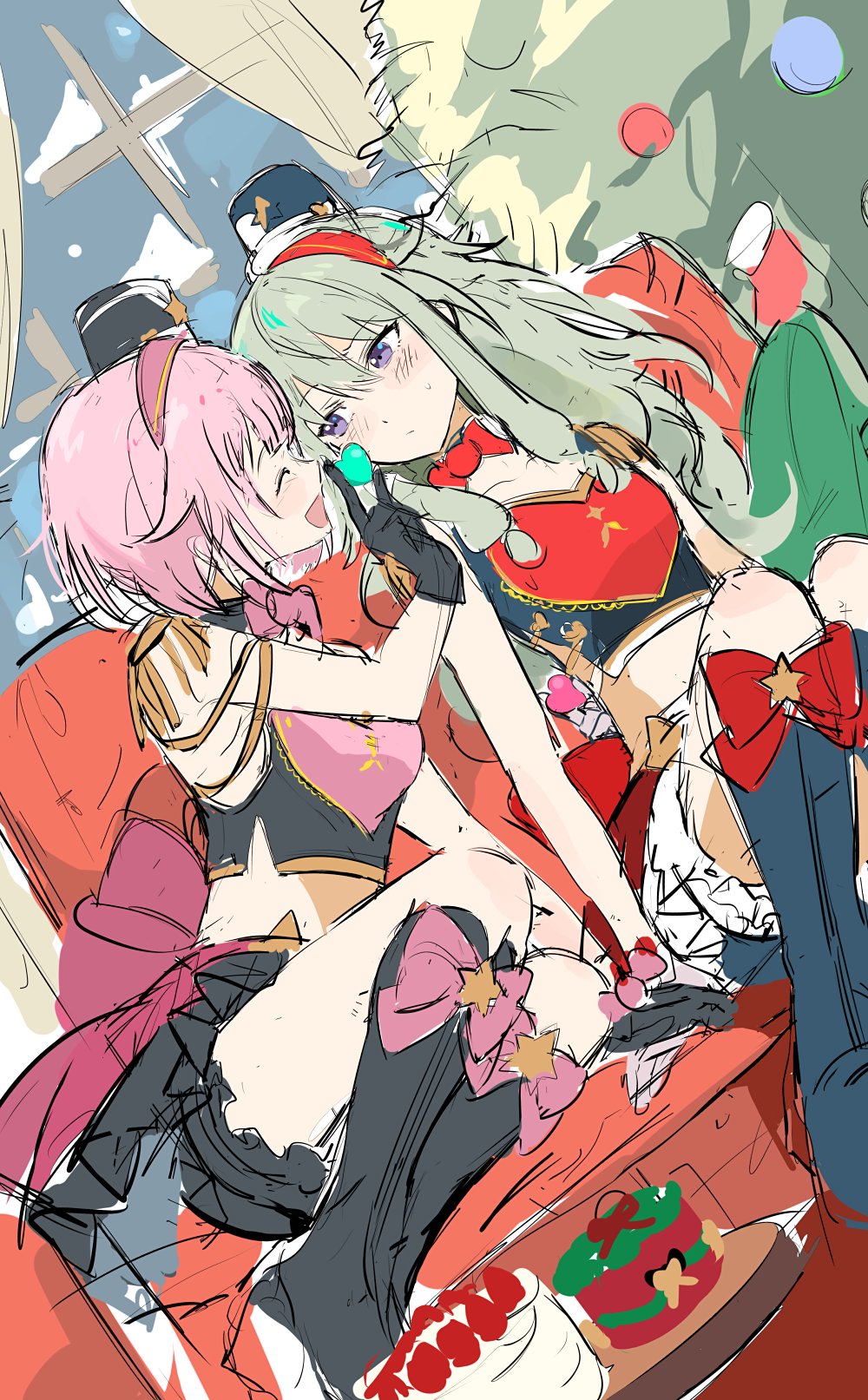 2girls, black_gloves, blush, boots, bow, bowtie, cake, christmas_stocking