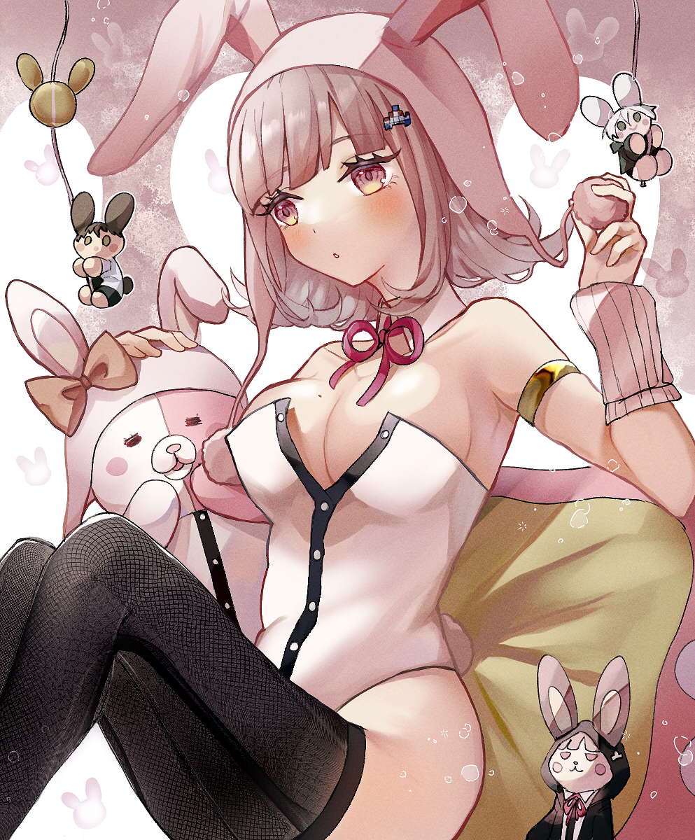 1girl, :o, animal, animal_ears, balloon, bare_shoulders, black_thighhighs, blush, blush_stickers, bow, breasts, brown_hair, cleavage, cosplay, danganronpa_(series), danganronpa_2:_goodbye_despair, detached_collar, ear_bow, fake_animal_ears, fishnet_thighhighs, fishnets, gorila_chan, hair_ornament, highres, hinata_hajime, hood, hood_up, large_breasts, leotard, medium_hair, mole, mole_on_breast, mouse_(animal), nanami_chiaki, nanami_chiaki_(cosplay), neck_ribbon, official_alternate_costume, orange_bow, parted_lips, pink_eyes, pink_ribbon, playboy_bunny, rabbit_tail, ribbon, sitting, tail, teeth, thighhighs, white_leotard