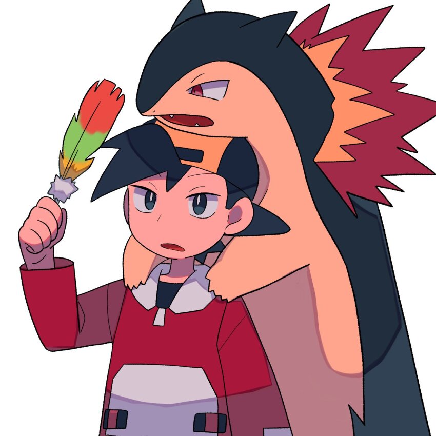 1boy, backwards_hat, baseball_cap, black_hair, black_shirt, bright_pupils, ethan_(pokemon), feathers