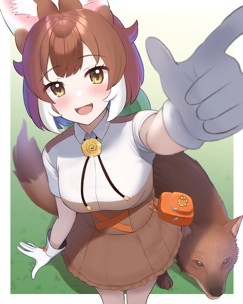 1girl, animal_ears, brown_hair, brown_shirt, brown_skirt, collared_shirt, dhole, dhole_(kemono_friends), dog_ears, dog_girl, dog_tail, frilled_skirt, frills, from_above, ftybmybittyb, gloves, highres, jacket, kemono_friends, kemono_friends_3, looking_at_viewer, multicolored_hair, official_alternate_costume, pointing, safari_jacket, shirt, short_hair, skirt, solo, tail, two-tone_hair, two-tone_shirt, white_gloves, white_hair, white_shirt