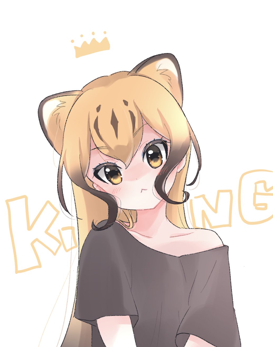 1girl, :<, alternate_costume, black_shirt, blonde_hair, blush, brown_hair, cheetah_girl