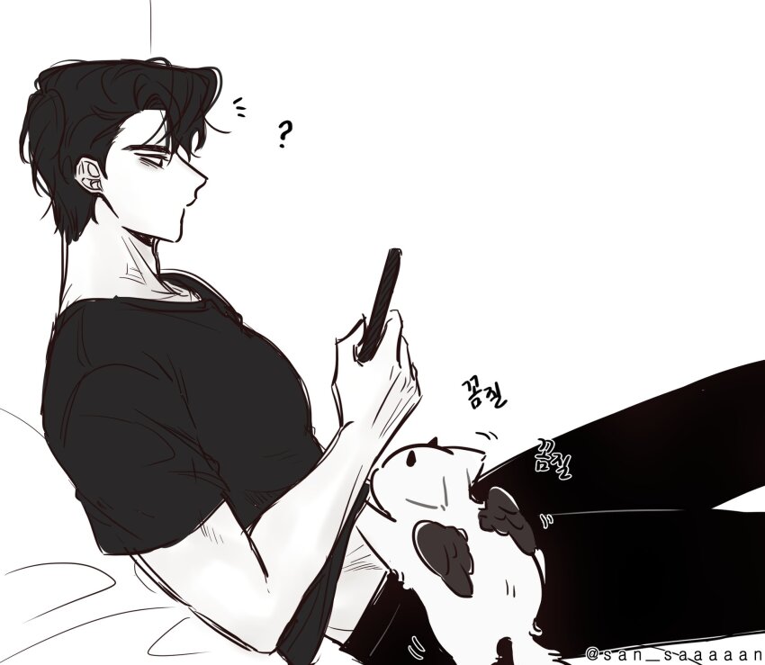 1boy, ?, animal, animalization, cat, cellphone, commentary_request, feathered_wings, greyscale, hand_under_clothes, hand_under_shirt, highres, holding, holding_phone, horns, kim_dokja, korean_commentary, male_focus, monochrome, omniscient_reader's_viewpoint, pants, phone, san_saaaaan, shirt, short_hair, short_sleeves, simple_background, sitting, twitter_username, white_background, winged_animal, wings, yoo_joonghyuk
