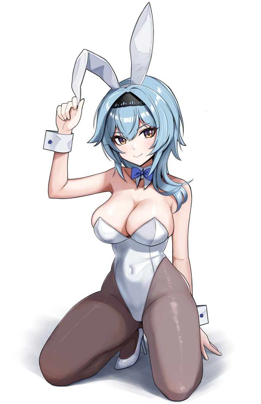 1girl, alternate_costume, animal_ears, aqua_hair, arm_up, asymmetrical_hair, bare_arms, bare_shoulders, black_hairband, blue_bow, blue_bowtie, bow, bowtie, breasts, brown_pantyhose, caitlyn0104, cleavage, closed_mouth, covered_navel, detached_collar, eula_(genshin_impact), fake_animal_ears, genshin_impact, gradient_eyes, groin, hairband, high_heels, highleg, highleg_leotard, highres, holding_ear, kneeling, large_breasts, leotard, looking_at_viewer, medium_hair, multicolored_eyes, pantyhose, playboy_bunny, purple_eyes, rabbit_ears, sidelocks, simple_background, smile, solo, strapless, strapless_leotard, thighs, white_background, white_footwear, white_leotard, white_wrist_cuffs, wrist_cuffs, yellow_eyes
