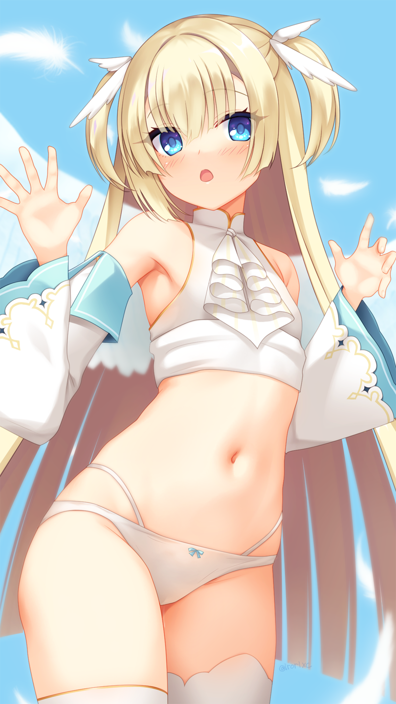 1girl, :o, angel, angel_wings, armpits, ascot, bare_shoulders, blonde_hair, blue_bow, blue_eyes, blue_sky, blunt_bangs, blush, bow, bow_panties, breasts, cloud, commentary_request, crop_top, curvy, detached_sleeves, eyelashes, falling_feathers, feathers, hair_between_eyes, hair_ornament, hands_up, head_tilt, highres, irori_(irorixc), long_hair, long_sleeves, midriff, navel, panties, shirayuki_noa, sidelocks, sky, small_breasts, solo, standing, stomach, straight_hair, tenshi_souzou_re-boot!, thighhighs, thighs, two_side_up, underwear, very_long_hair, white_ascot, white_feathers, white_panties, white_sleeves, white_thighhighs, wide_sleeves, wing_hair_ornament, wings, yuzusoft