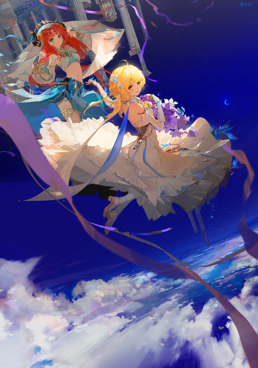 2girls, above_clouds, ahoge, arms_up, blonde_hair, blue_sky, breasts, cloud, commentary_request, crescent, dancer, dancing, detached_sleeves, dress, elbow_gloves, fake_horns, flower, genshin_impact, gloves, green_eyes, hair_flower, hair_ornament, highres, horns, jewelry, long_hair, looking_at_viewer, looking_back, lumine_(genshin_impact), medium_breasts, moon, multiple_girls, nilou_(genshin_impact), open_mouth, red_hair, short_hair, sky, small_breasts, smile, thighlet, veil, white_dress, wu_xiao_xian, yellow_eyes