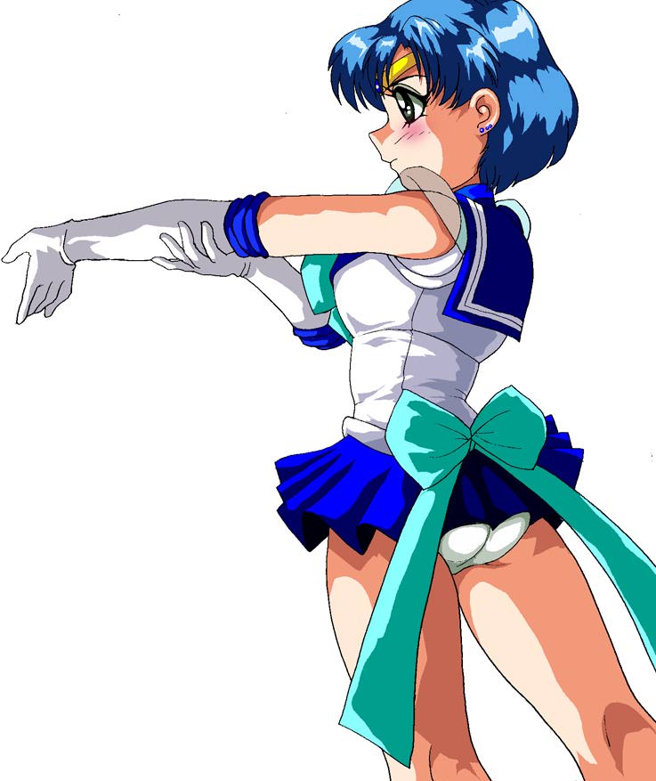 1990s_(style), 1girl, ass, bishoujo_senshi_sailor_moon, black_eyes, blue_bow, blue_hair, blush, bow, breasts, earrings, eyeball_(artist), gloves, jewelry, leotard, magical_girl, medium_breasts, mizuno_ami, retro_artstyle, sailor_mercury, sailor_senshi, sailor_senshi_uniform, short_hair, standing, stretching, super_sailor_mercury, tiara, waist_bow, white_background, white_gloves, white_leotard