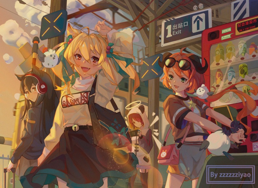 4girls, :d, absurdres, ahoge, animal_ear_fluff, animal_ears, animal_hood, arknights