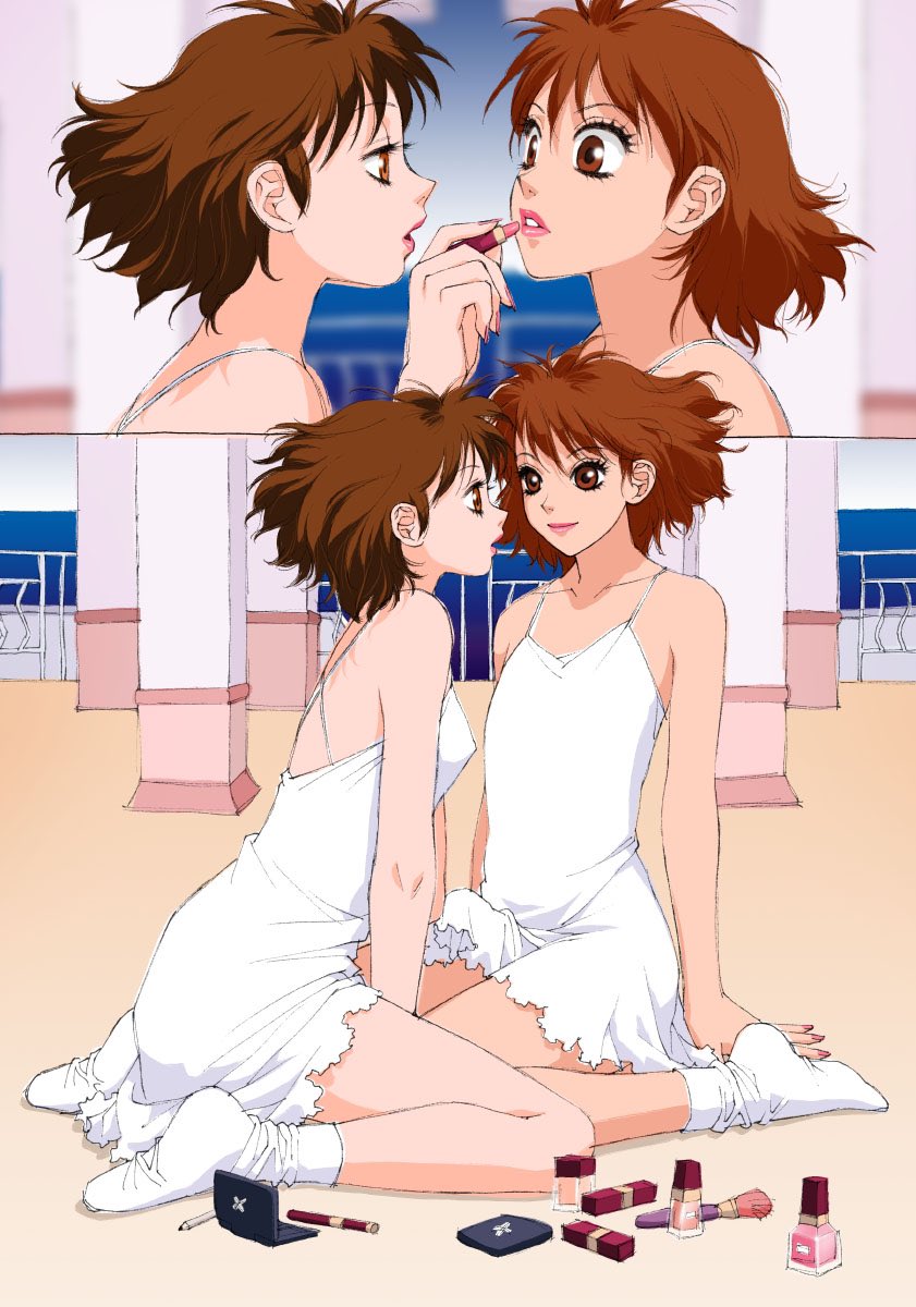 1boy, 1girl, applying_makeup, breasts, brown_eyes, brown_hair, bulge, covered_penis