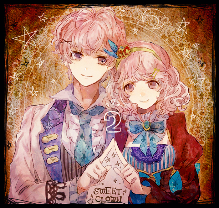 1boy, 1girl, blue_necktie, closed_mouth, crown, dress, facing_viewer, formal_clothes, hair_ornament, hairpin, kashino_zakuro, long_sleeves, looking_at_another, manai_tomoki, mini_crown, multiple_hairpins, necktie, pink_eyes, pink_hair, red_dress, short_hair, shourou_kanna, smile, suit, sweet_clown, vest, white_suit